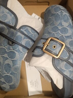 Indigo Denim Logo Clog with Blue Trim and Gold Buckle